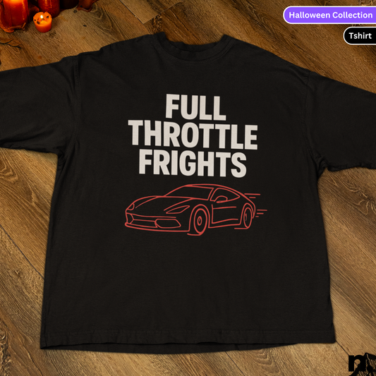 Black t-shirt with 'Full Throttle Frights' text and car graphic on a wooden surface