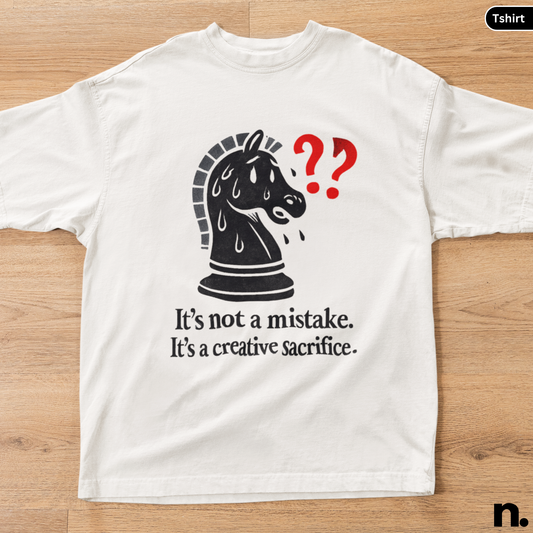 White t-shirt with a black chess piece graphic and text on a wooden surface