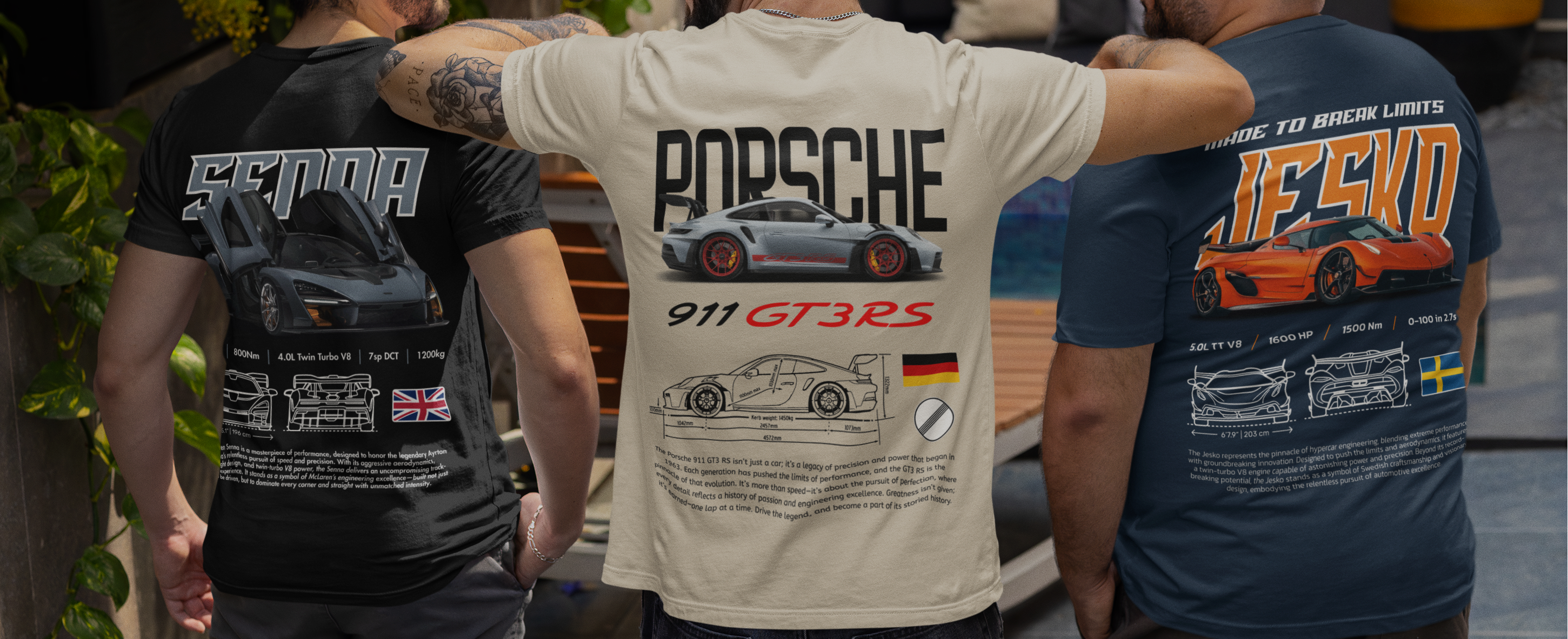 Three men wearing Nerdotopia t-shirts in an outdoor setting.