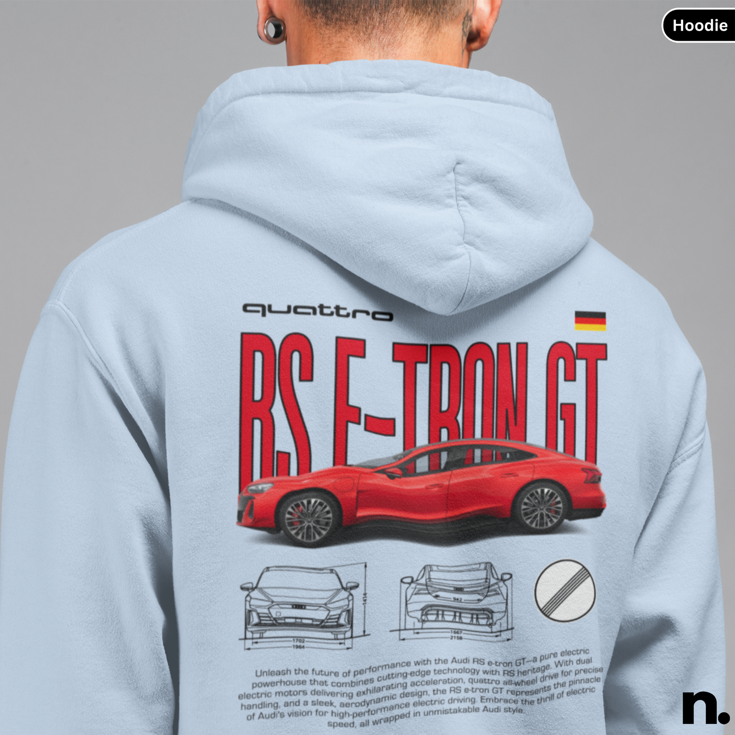 Light blue hoodie with a red Audi RS E-Tron GT design on the back, displayed on a person against a gray background.
