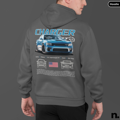 Gray hoodie with a car design and 'Charger' text on the back, displayed on a person against a dark background. SRT Charger Poster Style