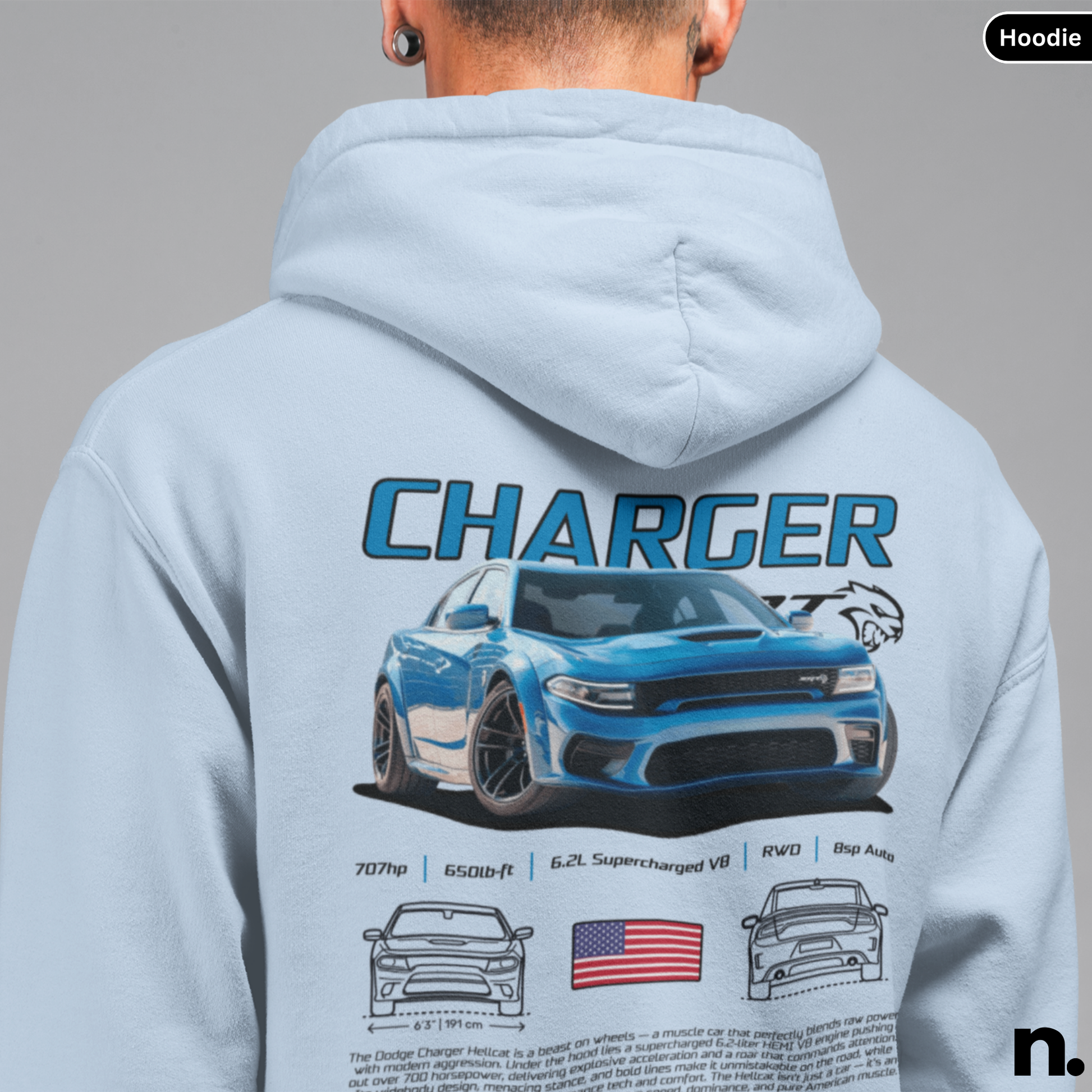 Light blue hoodie with a Dodge Charger graphic on the back, displayed on a person against a gray background.