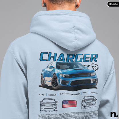 Light blue hoodie with a Dodge Charger graphic on the back, displayed on a person against a gray background.