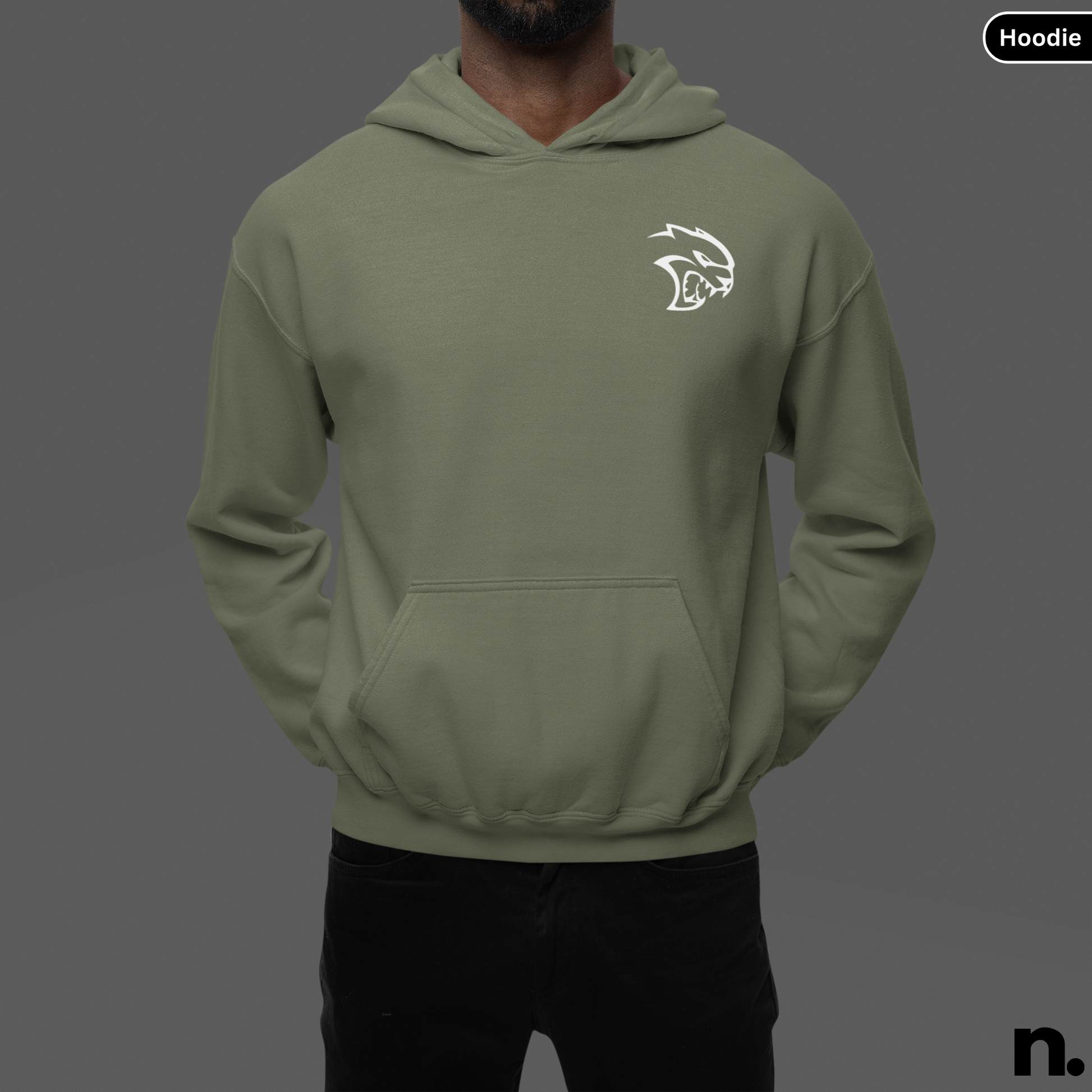 Green hoodie with a logo on the chest against a gray background SRT Charger Poster Style