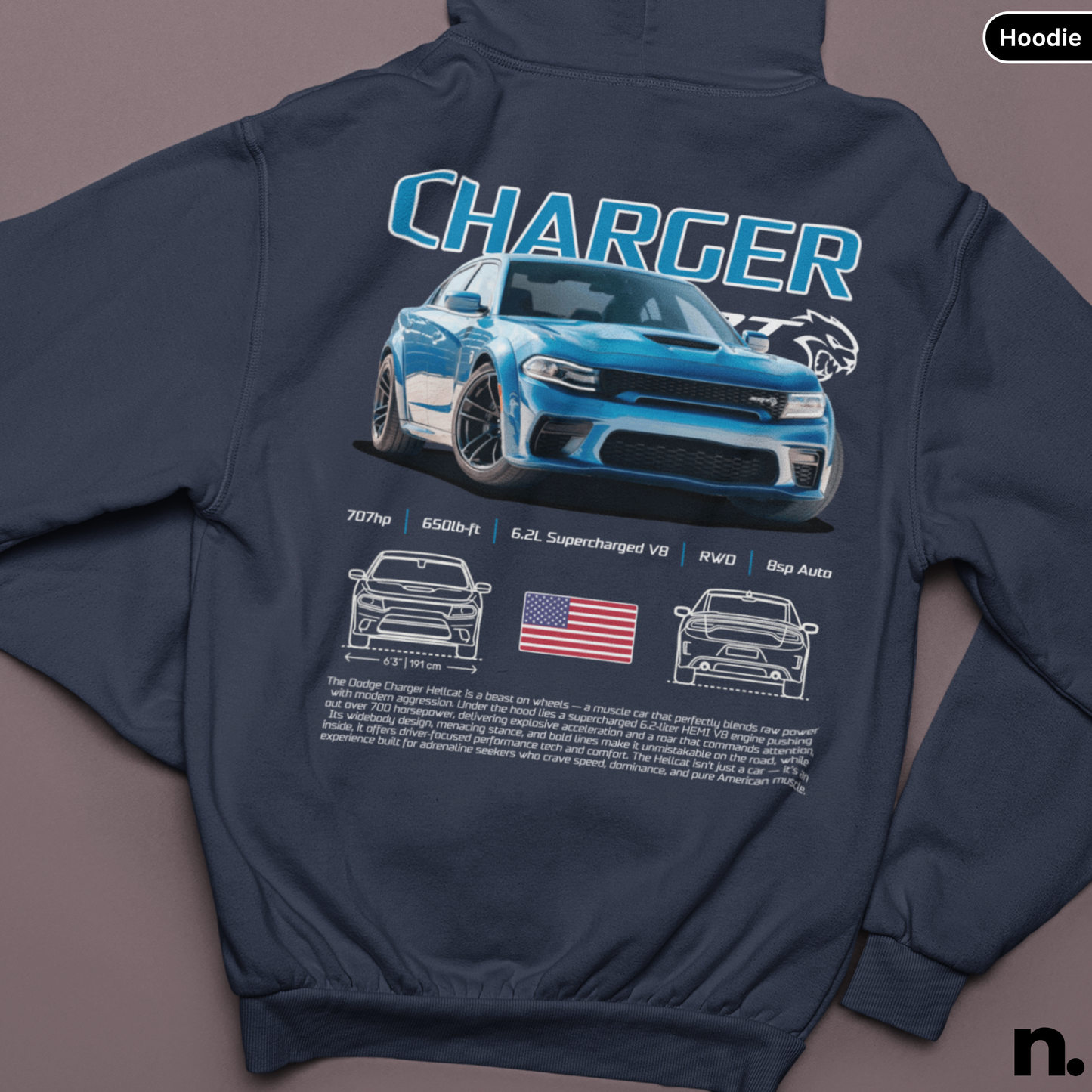 Navy hoodie with a graphic of a blue Dodge Charger on the back, displayed on a brown background.