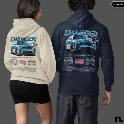 Two hoodies, one beige and one navy, with 'Charger' design on the back featuring a blue car and American flag.
