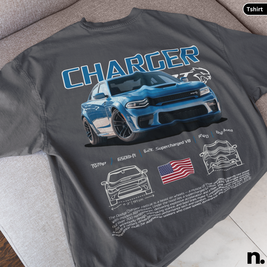 Gray t-shirt with a graphic of a blue car and text on a gray surface