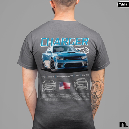 Person wearing a gray t-shirt with a graphic of a blue car and text on the back, on a gray background.