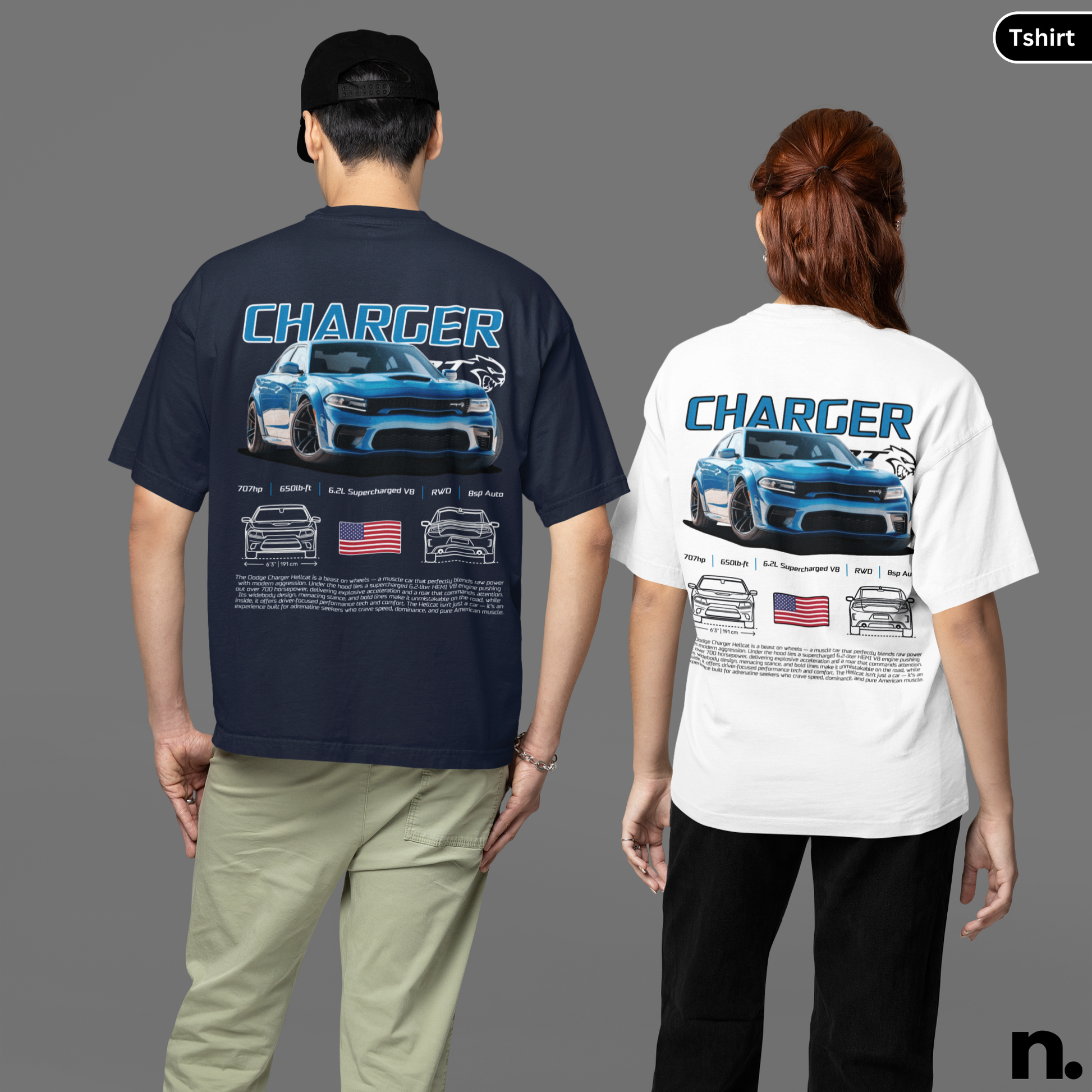 Two people wearing t-shirts with a blue car design and 'Charger' text on a gray background.