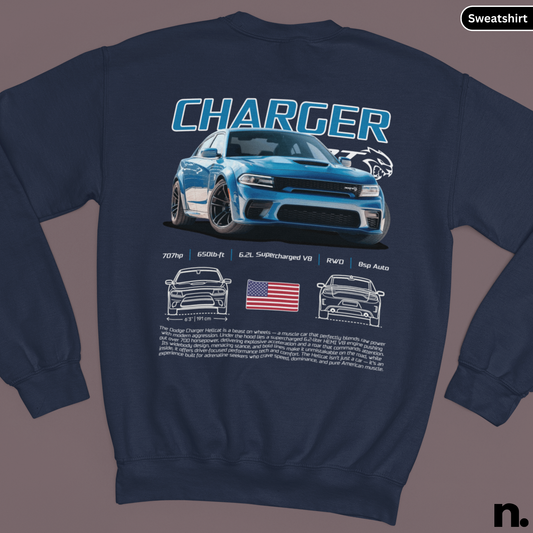 Navy blue sweatshirt with a graphic of a blue car and text on the back, displayed against a gray background.