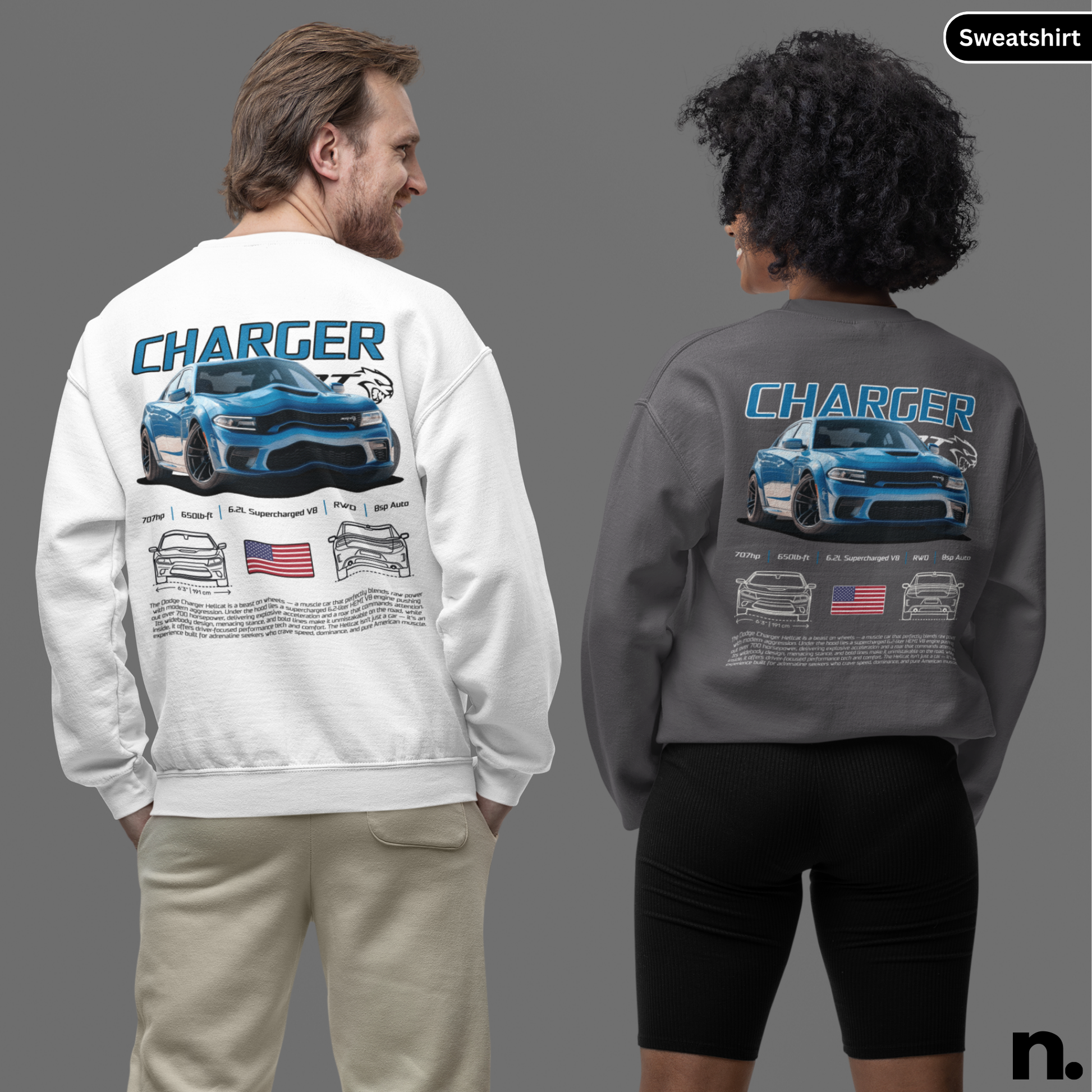 Two people wearing sweatshirts with a 'Charger' graphic design on the back.