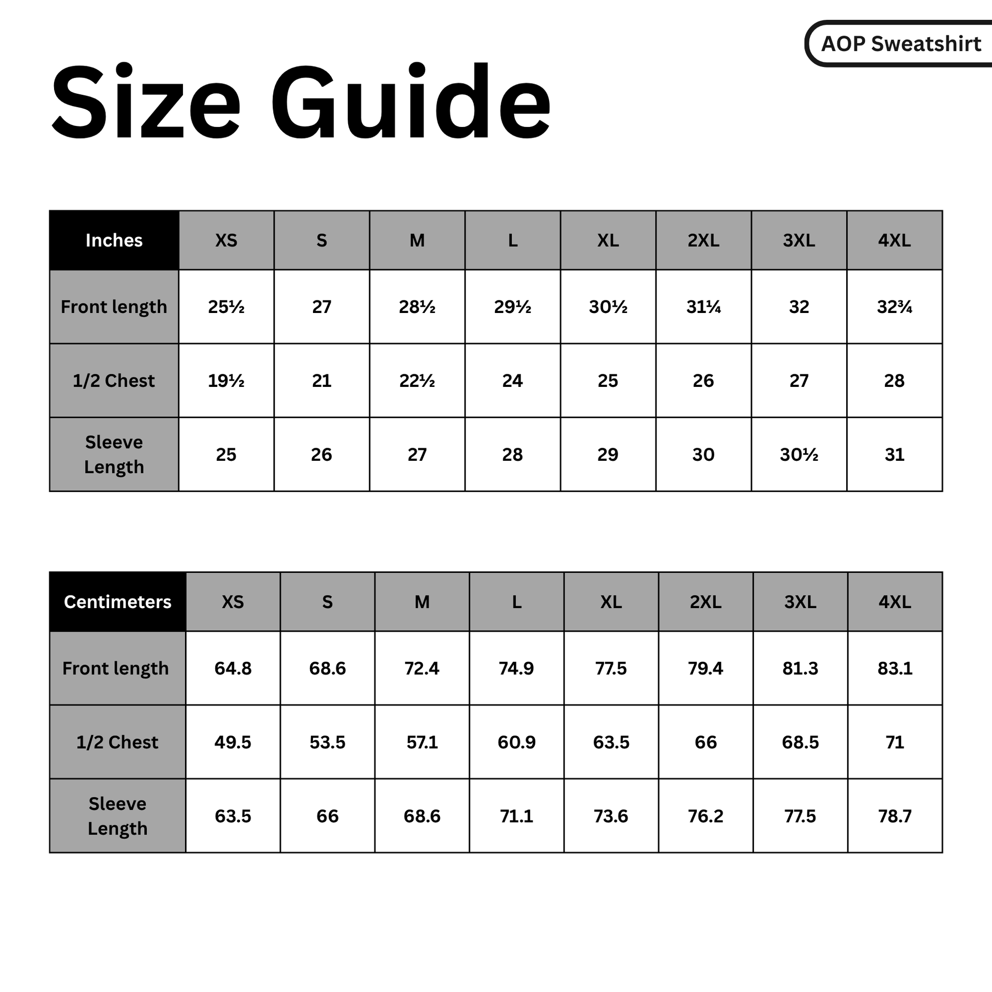 Size guide for AOP Sweatshirt with measurements in inches and centimeters.