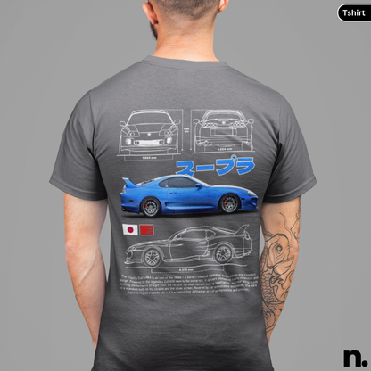 Gray t-shirt with car design on the back, worn by a person against a gray background