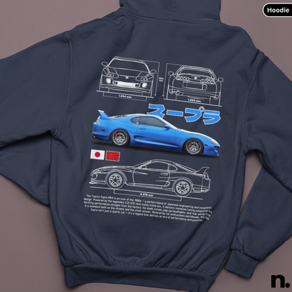 Navy blue hoodie with car design on the back against a brown background