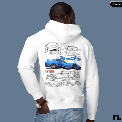 Person wearing a white hoodie with car design on the back against a blue background