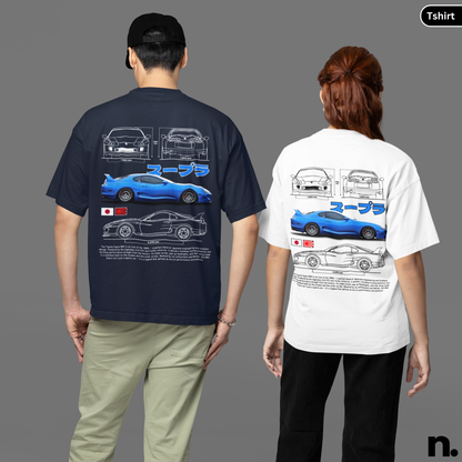 Two people wearing t-shirts with car design on the back, one navy and one white.
