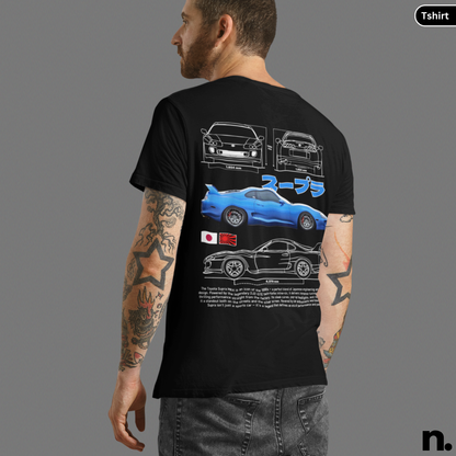 Person wearing a black t-shirt with car design on the back, on a gray background