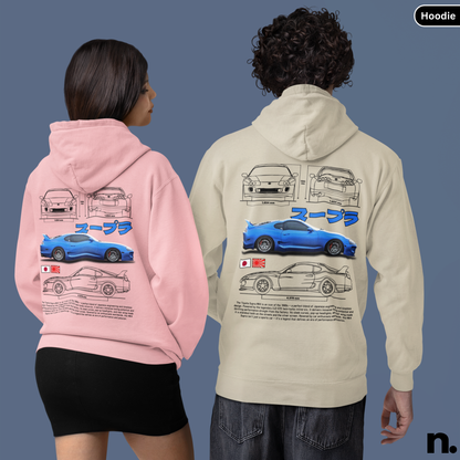 Two people wearing pink and beige hoodies with car designs on the back against a blue background.