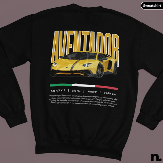 Black sweatshirt with yellow Lambo Aventador graphic and text on a gray background