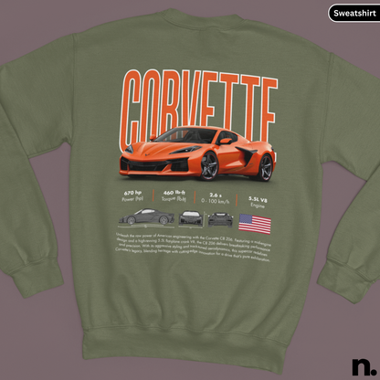 Green sweatshirt with orange Corvette design and text on a gray background