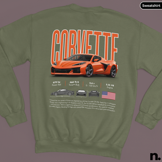 Green sweatshirt with orange Corvette design and text on a gray background