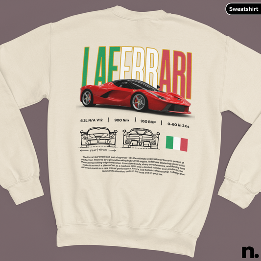 Beige sweatshirt with red Ferrari design and text on a gray background