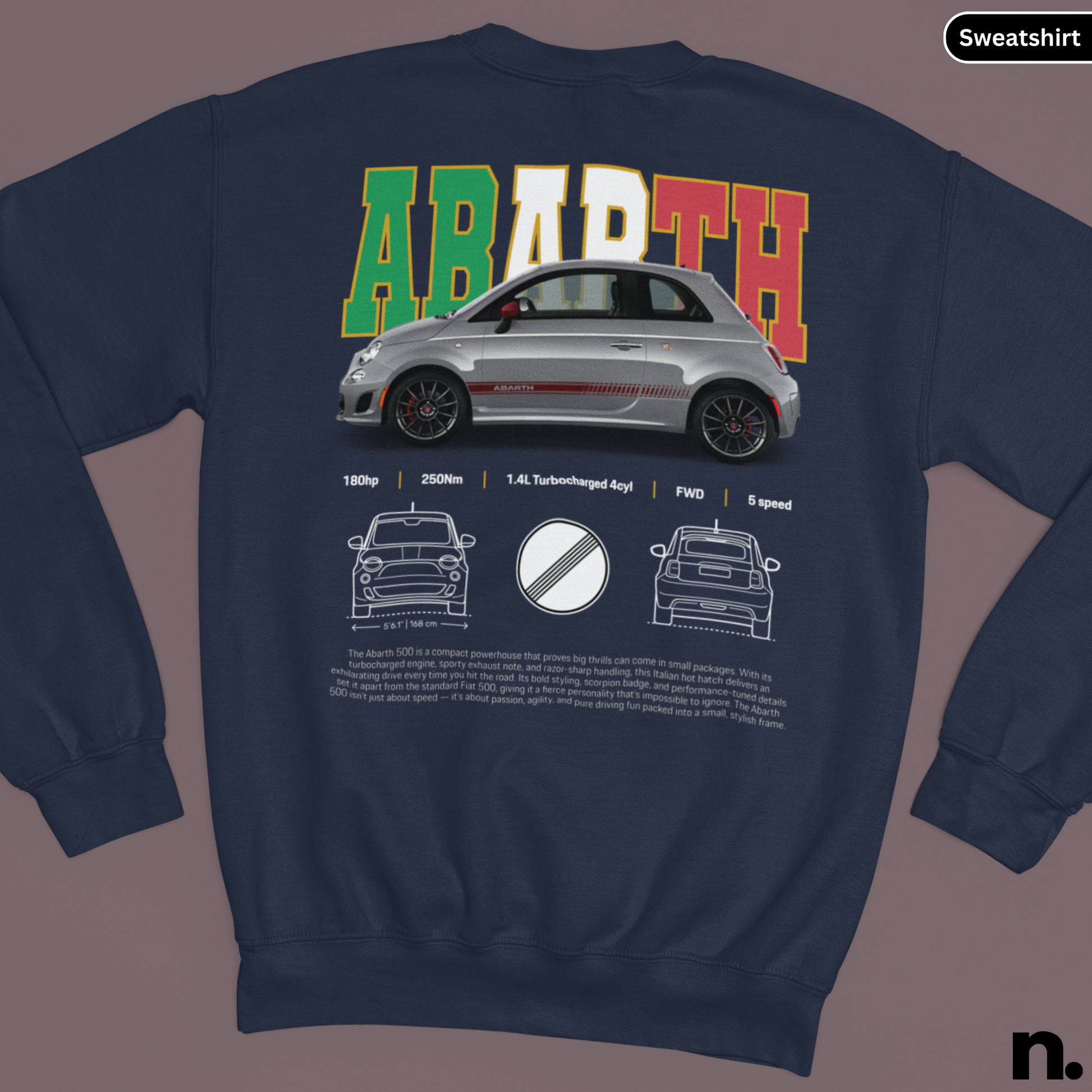 Navy blue sweatshirt with Abarth logo and car design on a gray background