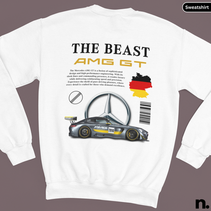 White sweatshirt with Mercedes-Benz AMG GT design and text on a gray background
