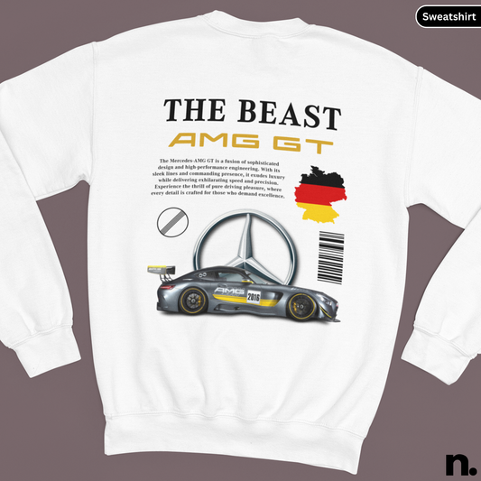 White sweatshirt with Mercedes-Benz AMG GT design and text on a gray background