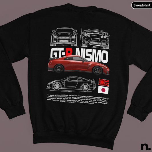 Black sweatshirt with GT-R Nismo graphic design on a gray background