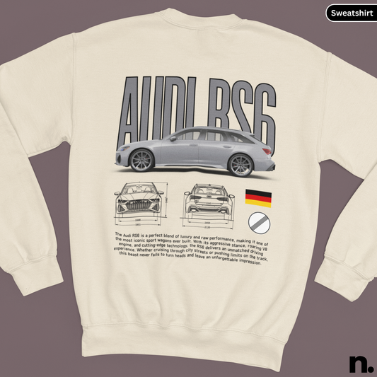 Beige sweatshirt with Audi RS6 design on a gray background