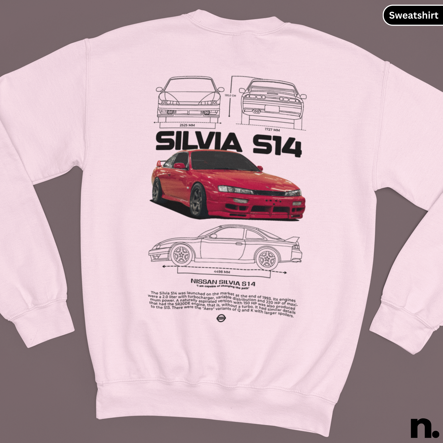 White sweatshirt with Nissan Silvia S14 design on a gray background