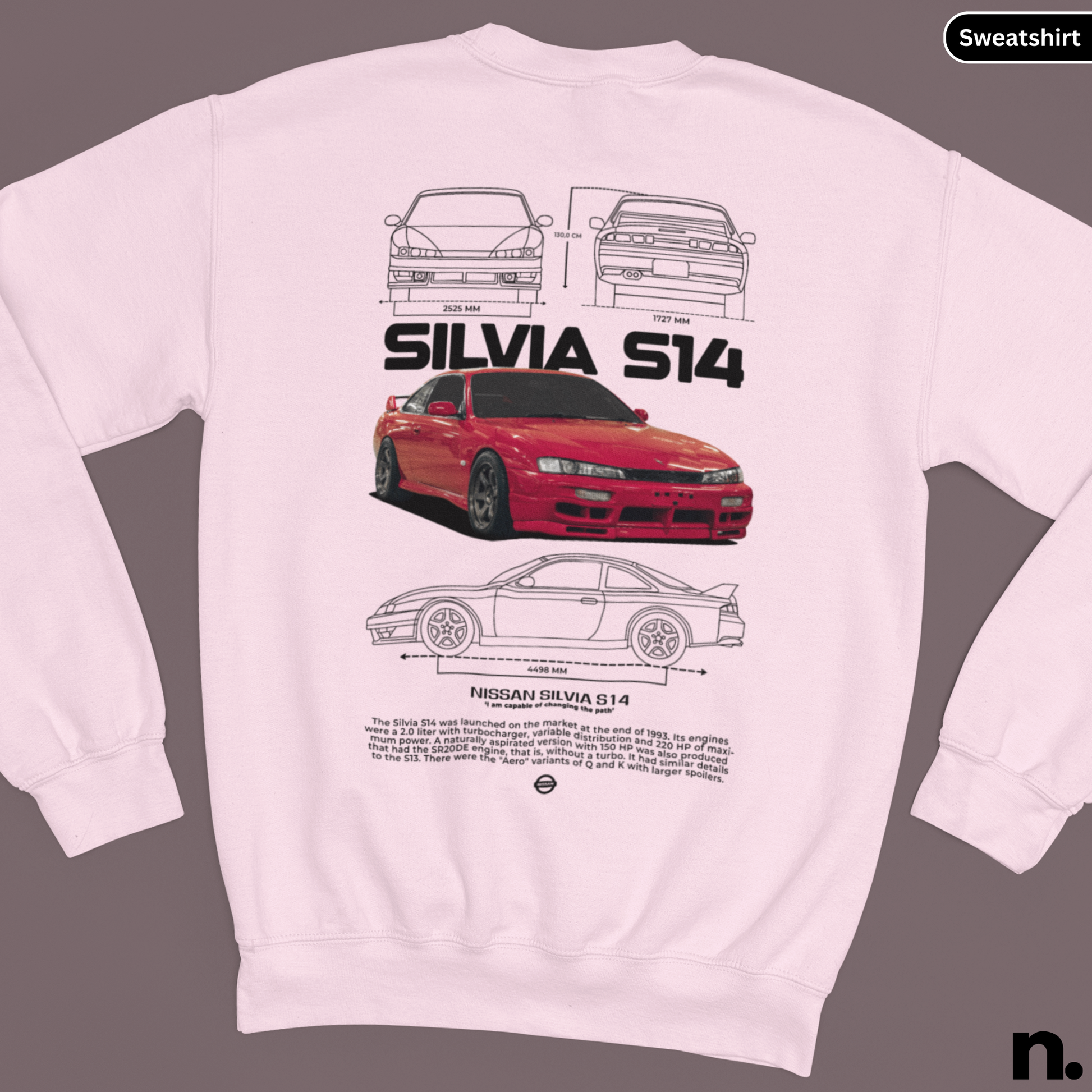 White sweatshirt with Nissan Silvia S14 design on a gray background