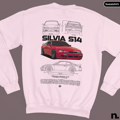 White sweatshirt with Nissan Silvia S14 design on a gray background