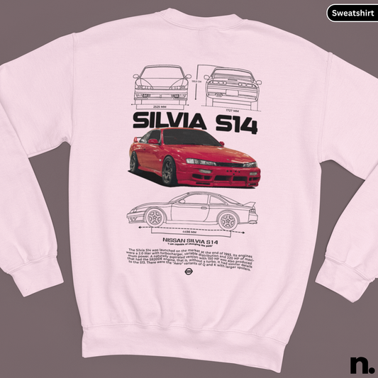 White sweatshirt with Nissan Silvia S14 design on a gray background