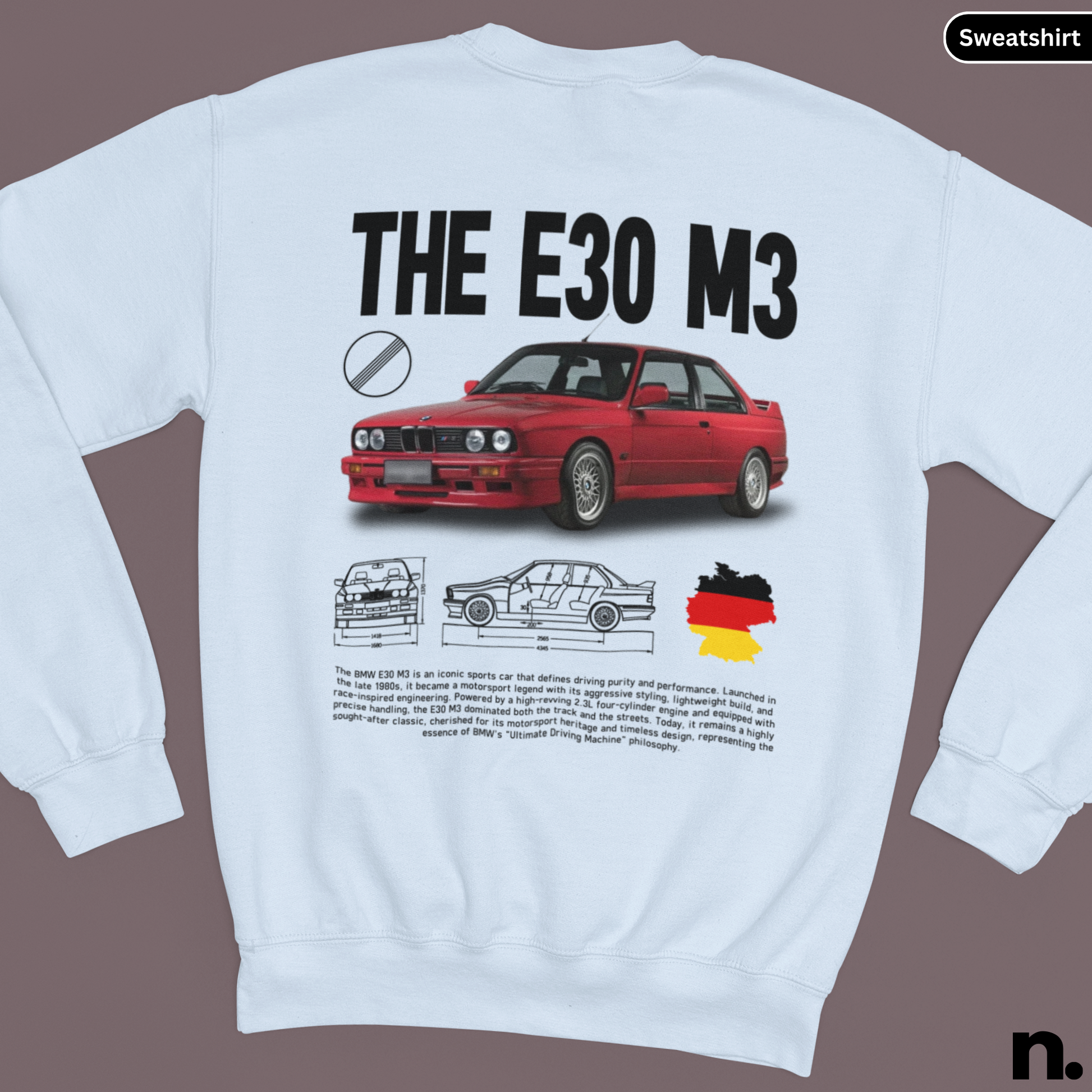 White sweatshirt with red BMW E30 M3 graphic on a brown background
