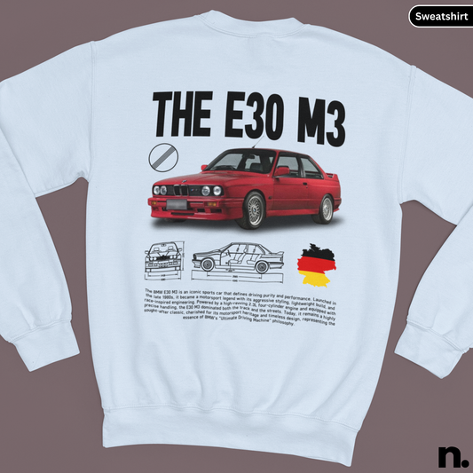 White sweatshirt with red BMW E30 M3 graphic on a brown background