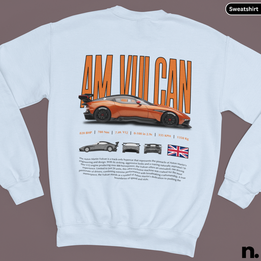 White sweatshirt with orange text and car graphics on a brown background