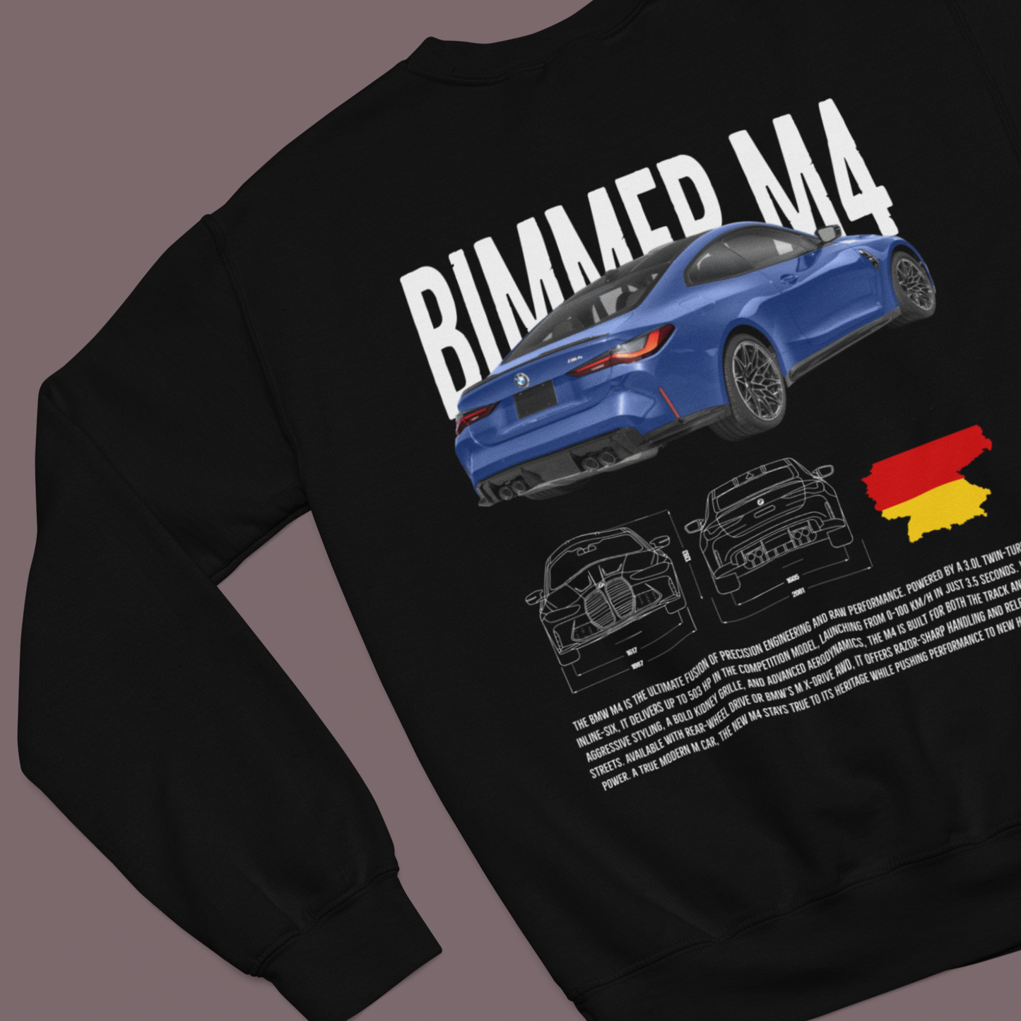 flat lay mockup of bimmer m4 sweatshirt in black