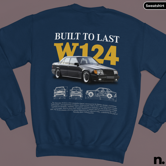 Navy blue sweatshirt with car design and text on a gray background