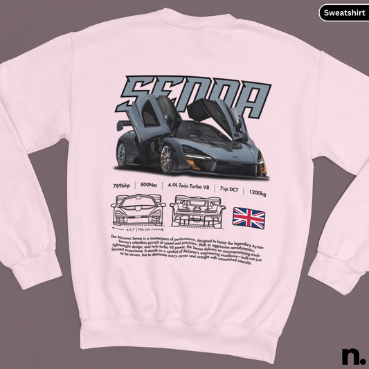 White sweatshirt with a McLaren Senna graphic on the back, featuring technical details and a British flag.