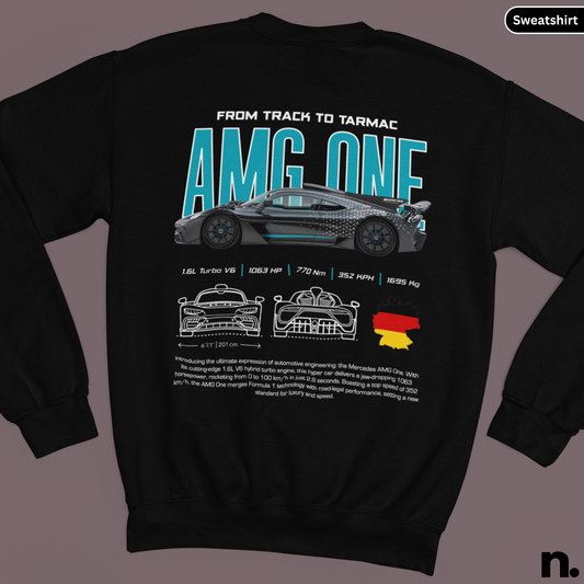 Black sweatshirt with AMG One car design and text on a gray background