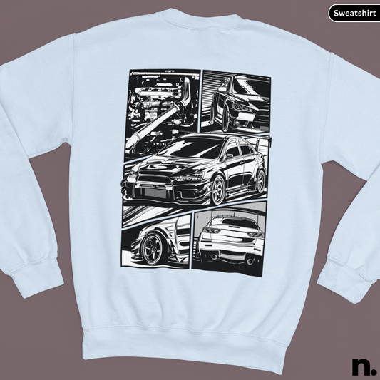 White sweatshirt with black car graphic on a brown background