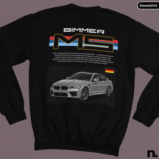Black sweatshirt with BMW M5 graphic and 'Bimmer' text on a gray background