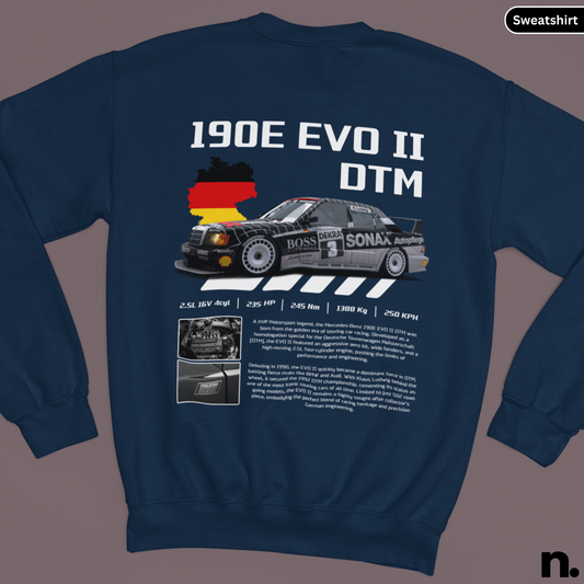 Navy blue sweatshirt with a car graphic and text on the back, displayed against a gray background.