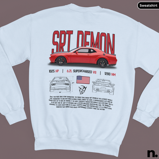 White sweatshirt with red 'SRT Demon' car design on a brown background