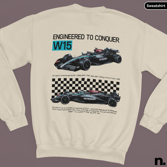 Beige sweatshirt with Formula 1 car design and 'Engineered to Conquer W15' text on a gray background