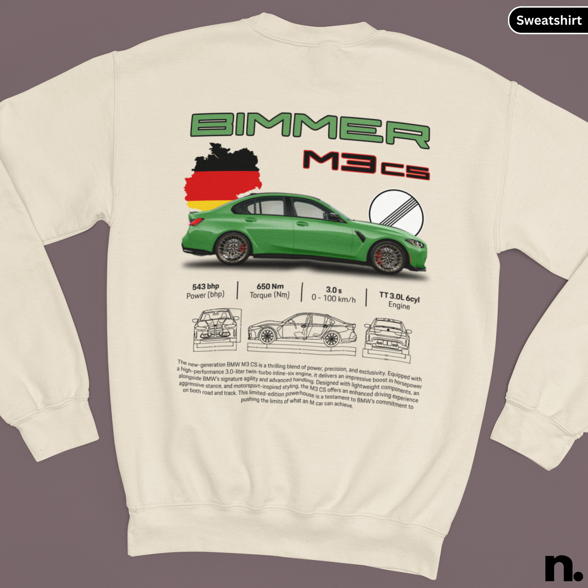 Beige sweatshirt with green car graphic and 'Bimmer M3cs' text on a gray background