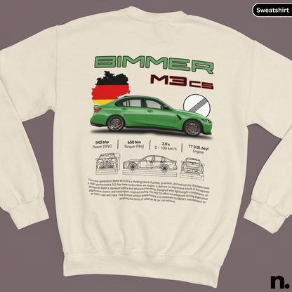 Beige sweatshirt with green car graphic and 'Bimmer M3cs' text on a gray background