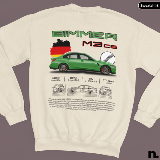Beige sweatshirt with green car graphic and 'Bimmer M3cs' text on a gray background